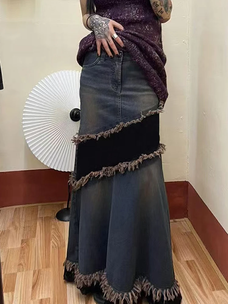 الرجعية المرقعة اللون بلو تصميم المتوترة هيم الدنيم تنورة المرأة الخريف جديد الرغبة النقية ألف خط Fi الذيل تنورة