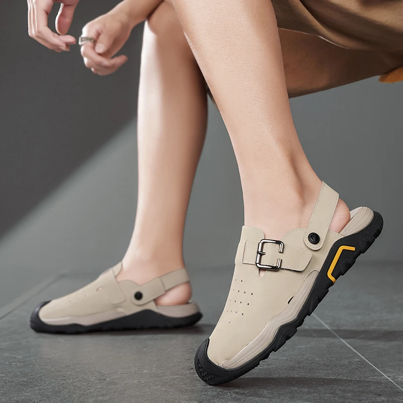 

Легкие пляжные прогулочные сандалии на плоской подошве, мужские кожаные повседневные сандалии на толстой подошве с мягкой подошвой, дышащие удобные тапочки двойного назначения