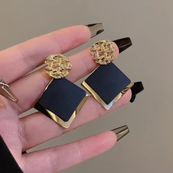 Double Color Rhombus Shape Dangle Earrings for Women Hollow Golden Metal Lattice Drop Earrings Geometry Party Punk Jewelry