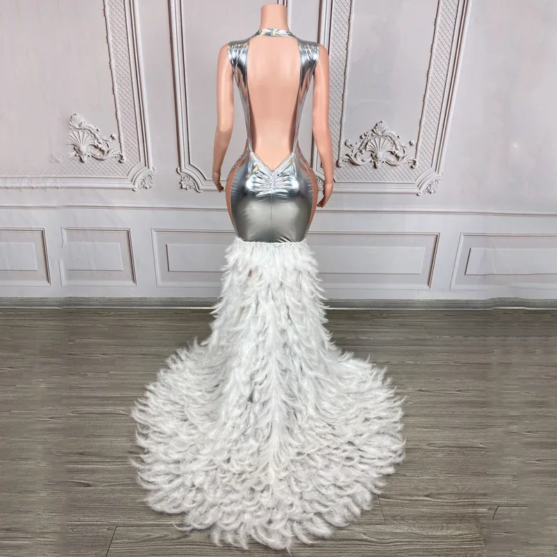 Sexy  Birthday Dress Mesh Rhinestones Wedding Gown Women Feather Stage Catwalk Outfit Celebrate Costume Evening Dresses