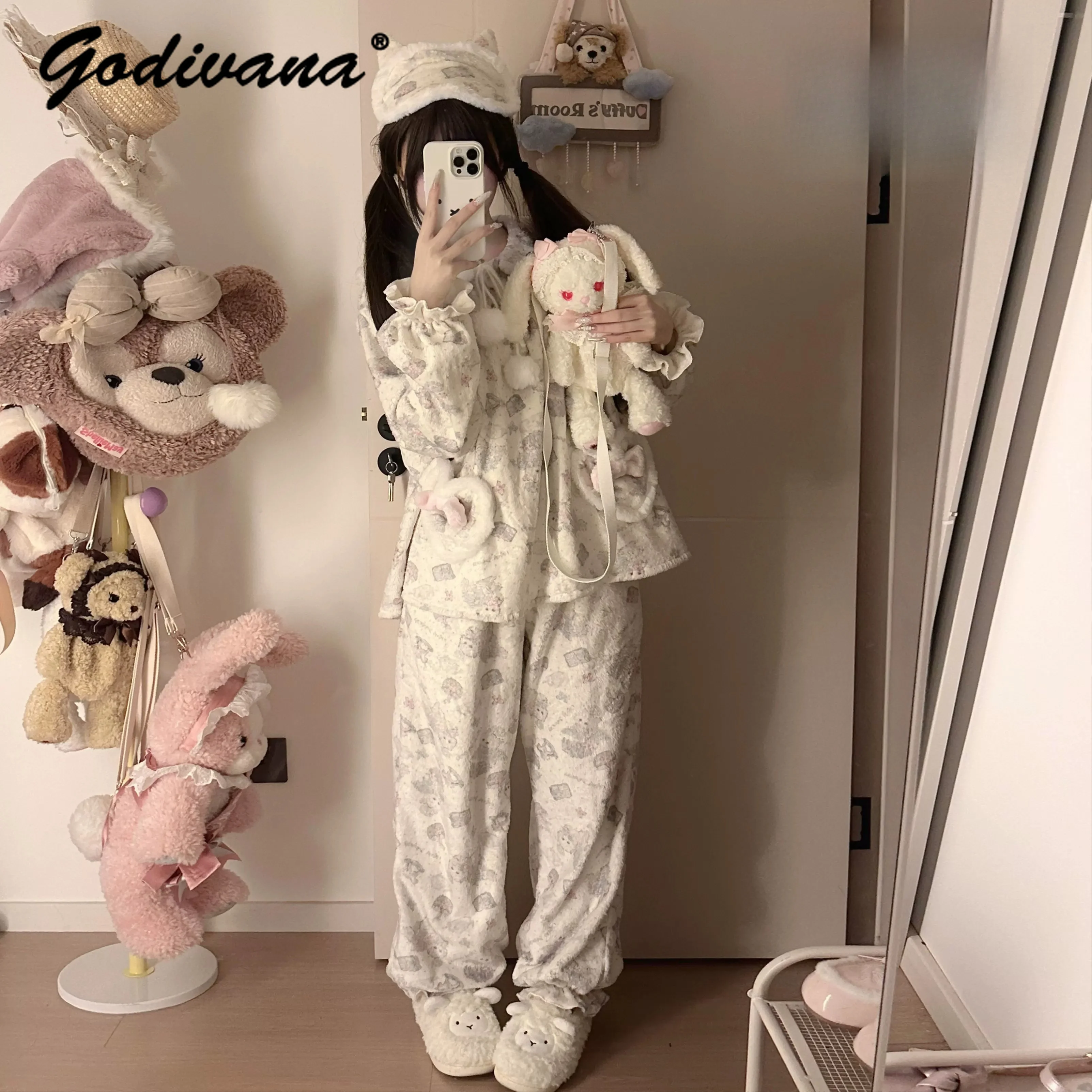 Flannel Pajama Set Autumn and Winter Girls Female Long Sleeve Cartoon Print Nightgown and Pants Two-piece Set Warm Loungewear