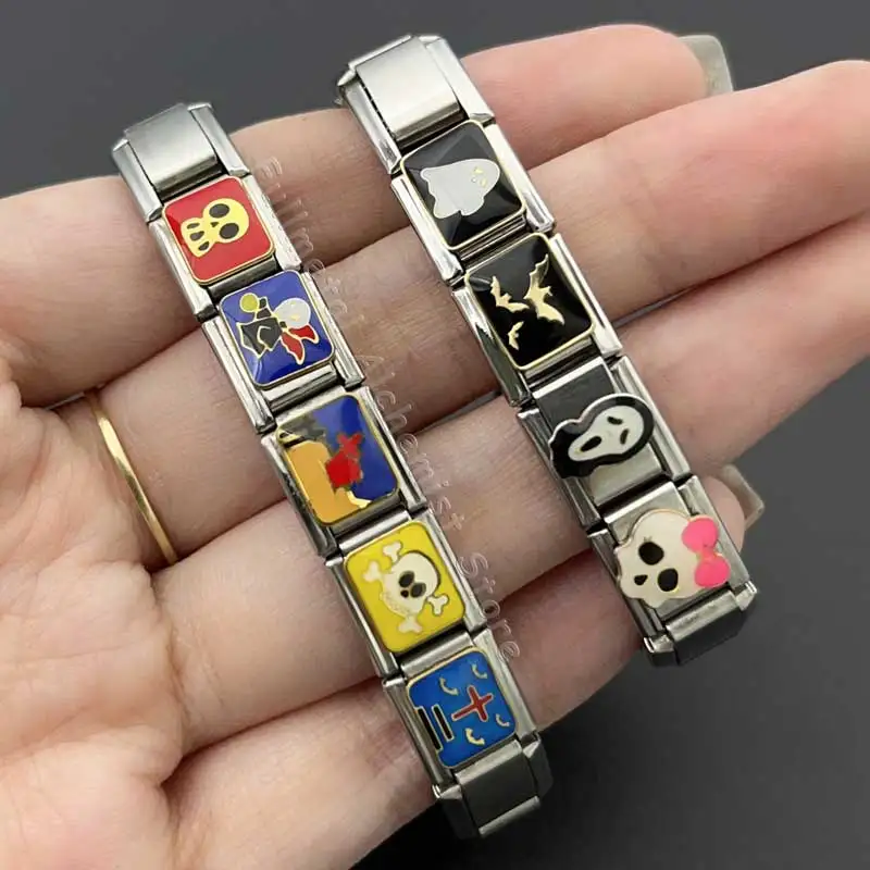 イタリアのステンレス鋼ブレスレットチャーム 9 ミリメートルモジュールハロウィン取り外し可能なゴーストパターンカップルギフトジュエリーメイキング DIY スプライシング
