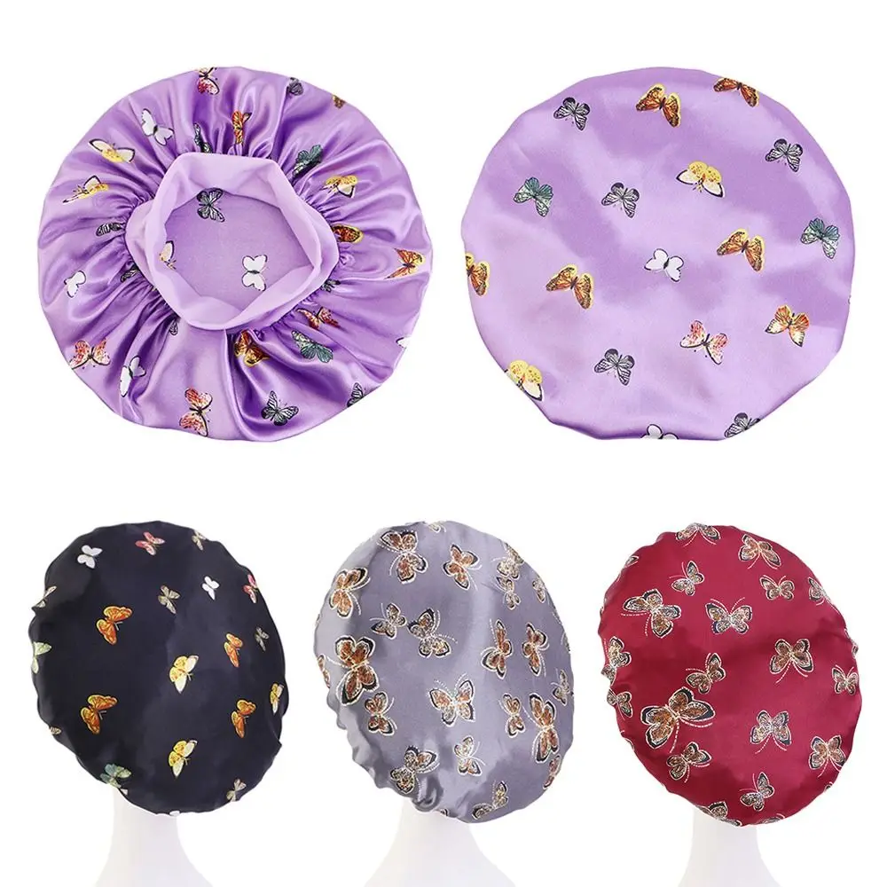 

Fashion Butterfly Print Sleeping Cap Wide Brim Satin Night Cap Hair Care Skin-caring Make-up Cap for Women