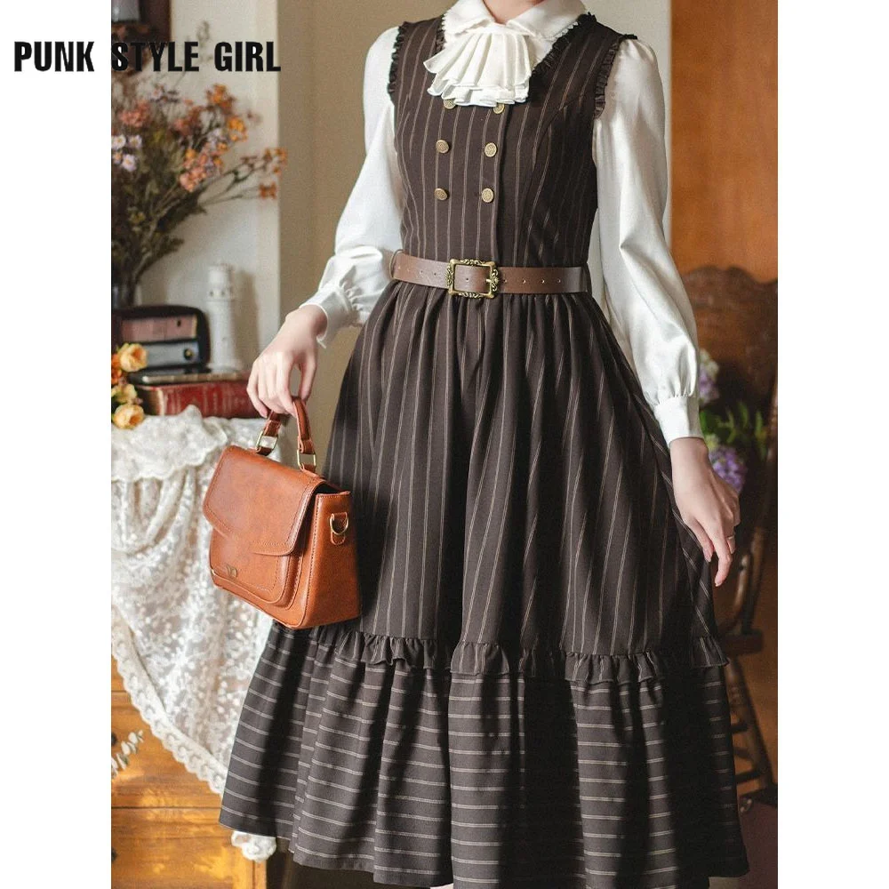 فستان لوليتا عتيق أنيق JSK بدون أكمام لوليتا حلو متوسط الطول مزدوج الصدر مخطط مطبوع فساتين حفلات مكشكشة مرقعة