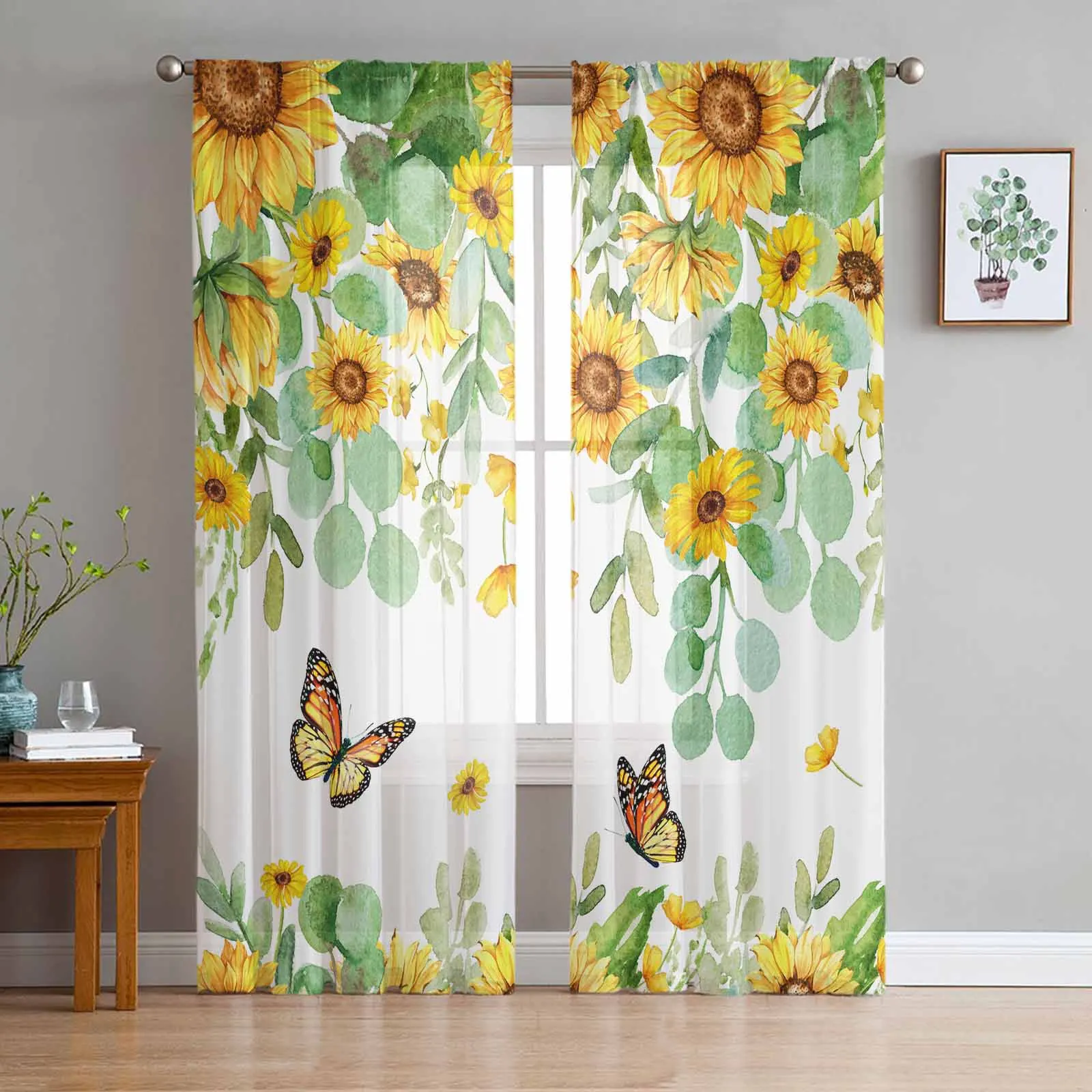 

Watercolor Flowers Sunflower Leaves Butterfly Sheer Curtains for Living Room Decor Window Curtains Kitchen Tulle Voile Curtains