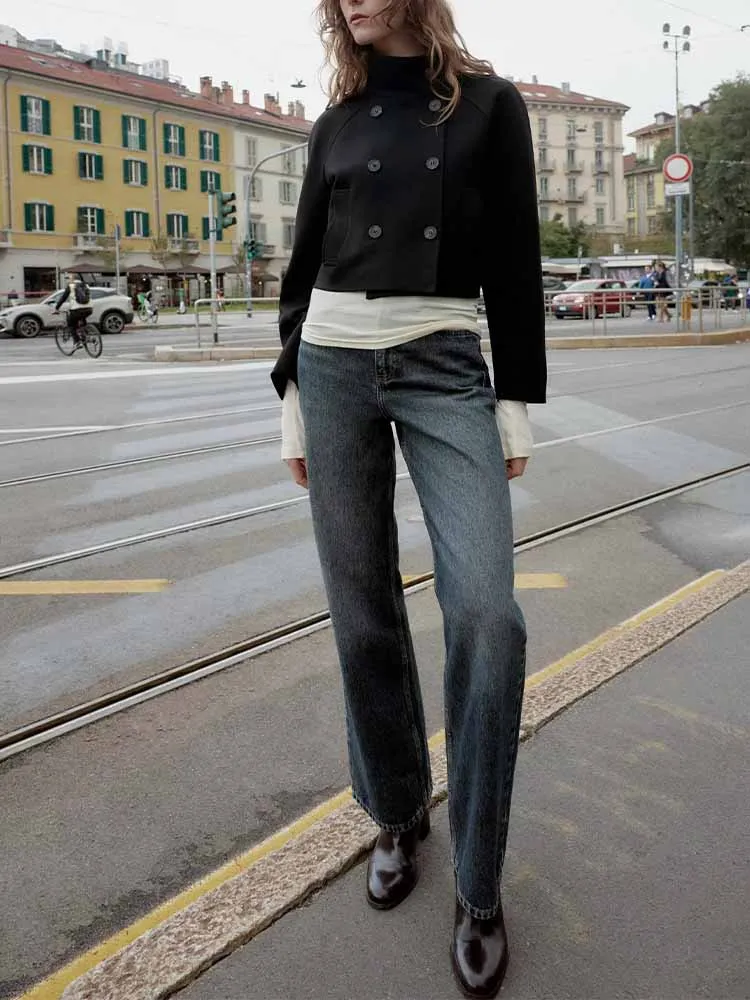 

European and American style winter new women's casual and elegant simple high-neck long-sleeved short double-breasted coat