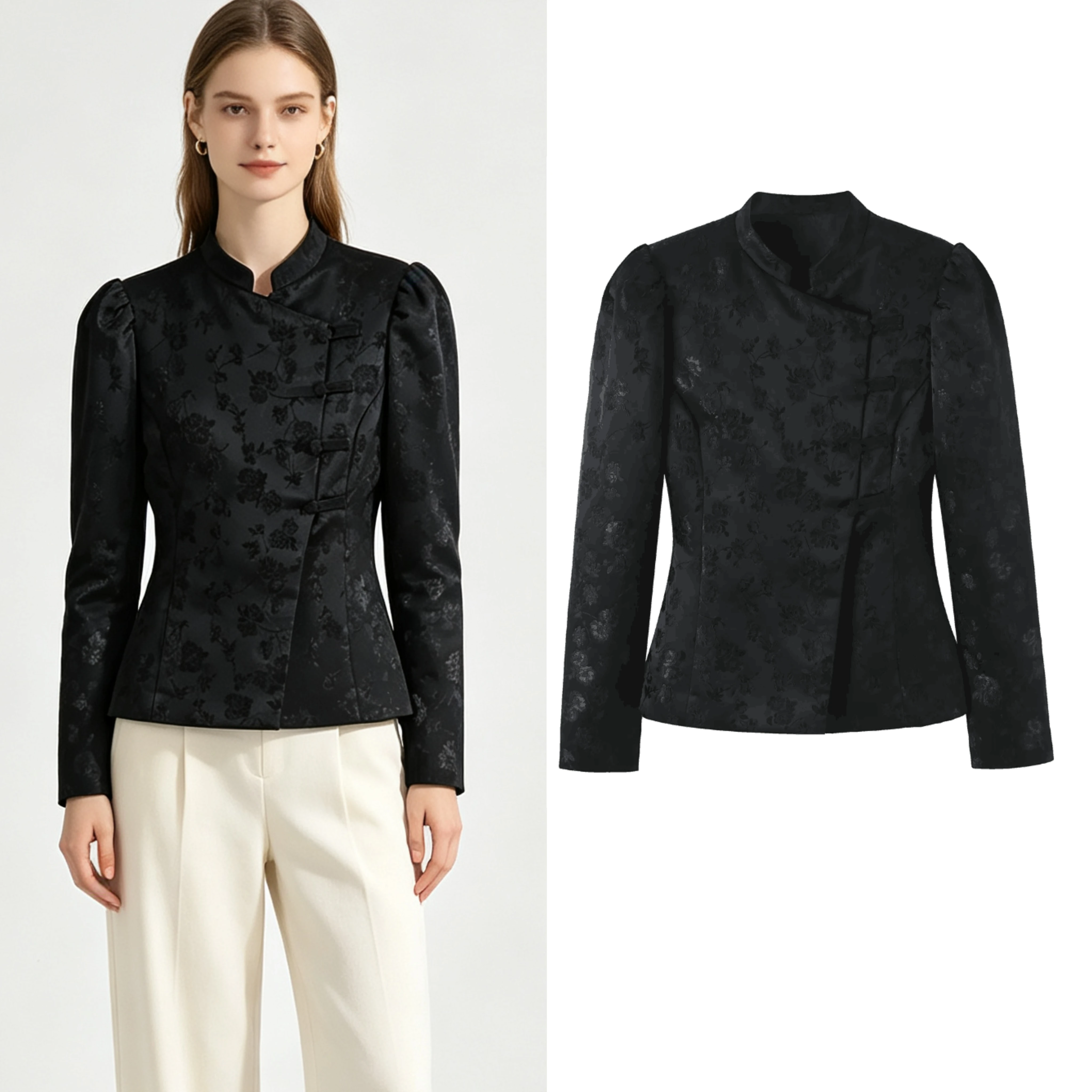Women's Jacquard Blazer Autumn New Round Neck Long Sleeve Rope Knot Slim Coat Fashion Vintage Female Elegant Outerwear