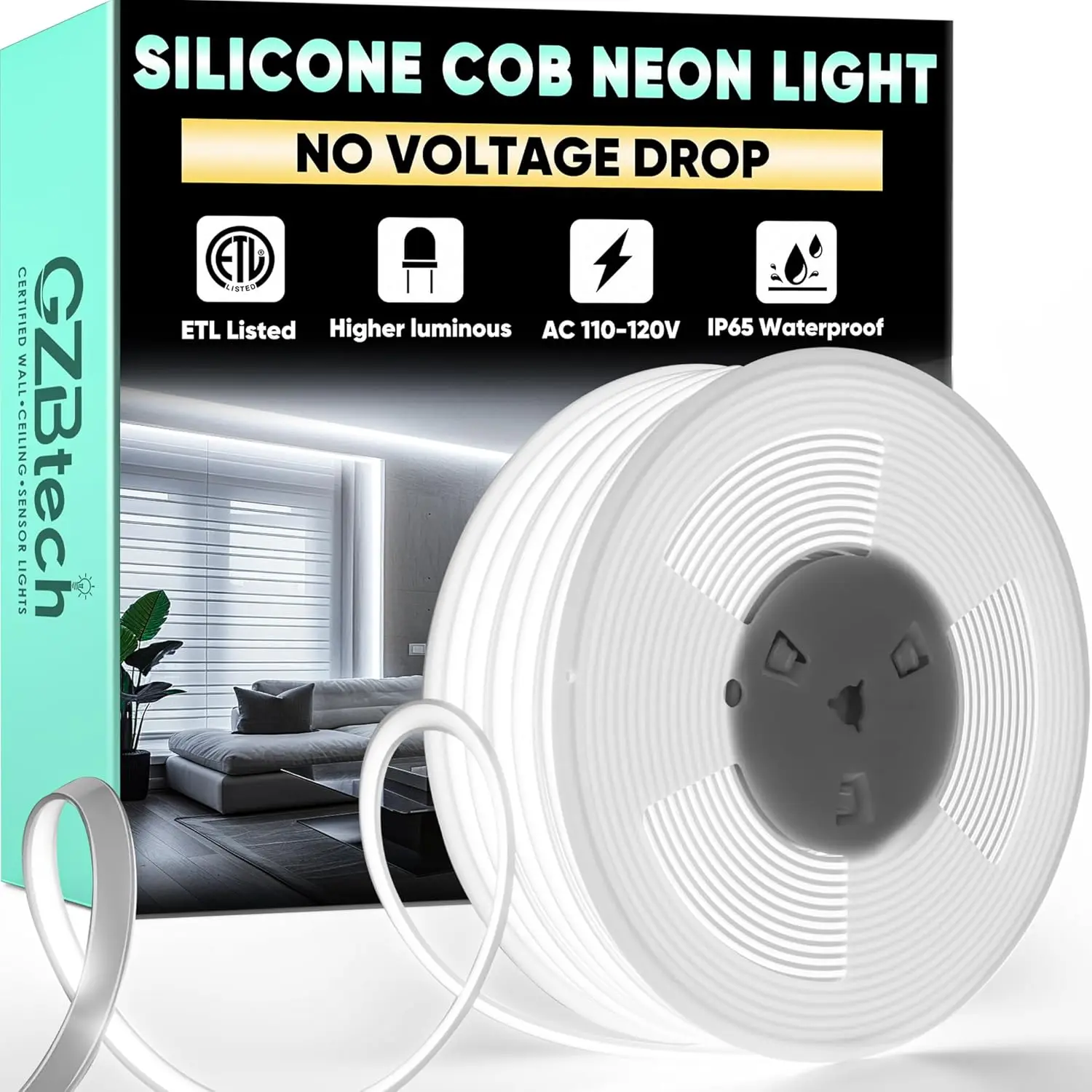 Luci al neon in silicone COB 100FT/30M, striscia al neon impermeabile bianca fredda super luminosa 6000K,
