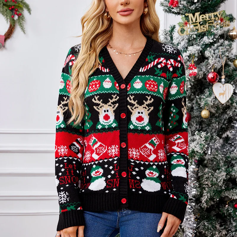 

Snowman Elk Knitted Cardigan Women Christmas Style V-neck Long Sleeve Single Breasted Sweater Coat Christmas Clothing Female New