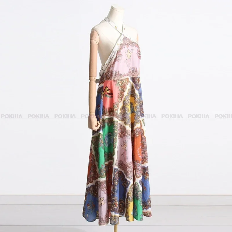 Vestido maxi sexy sem alças estampado feminino, vestido de férias sem encosto, com renda, vestidos longos de praia, moda chique feminina, verão, 2024