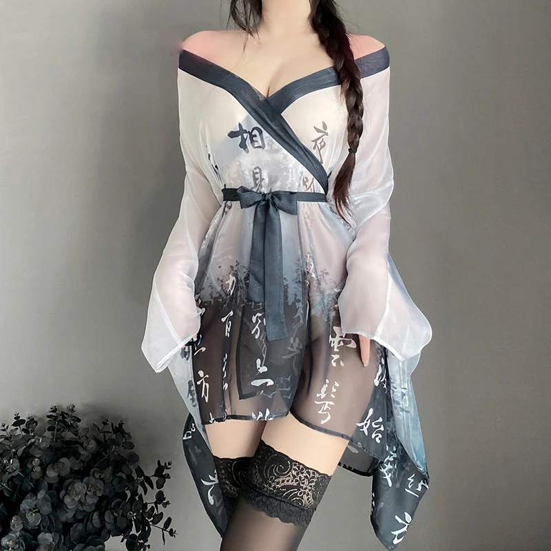 Camisón Sexy de gasa con pintura de tinta china para mujer, uniforme Hanfu antiguo, pijama ultrafino, Kimono erótico transparente, albornoz