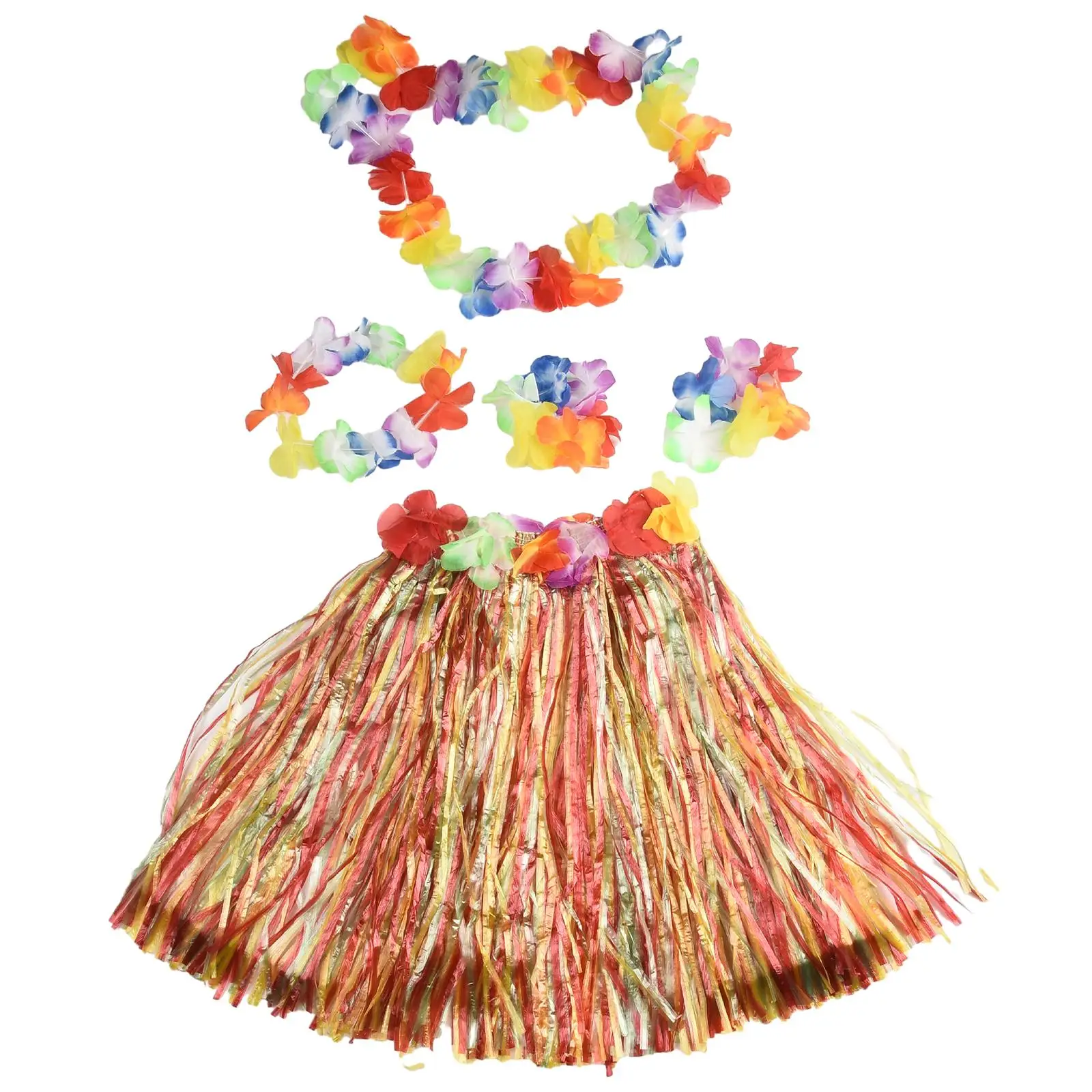 Kids Hawaiian Grass Lei Skirt Flower Wristband Garland Fancy Costume Suit Hula Prop Decoration Flower Bracelets Headband