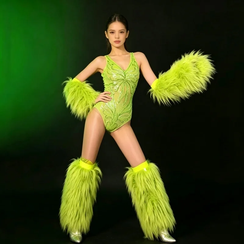 Women Slim Sexy Fluorescent Green Sequin Bodysuit Plush Cuff+Leg Cover Dance Outfit Bar Singers Concert Stage Party Performance