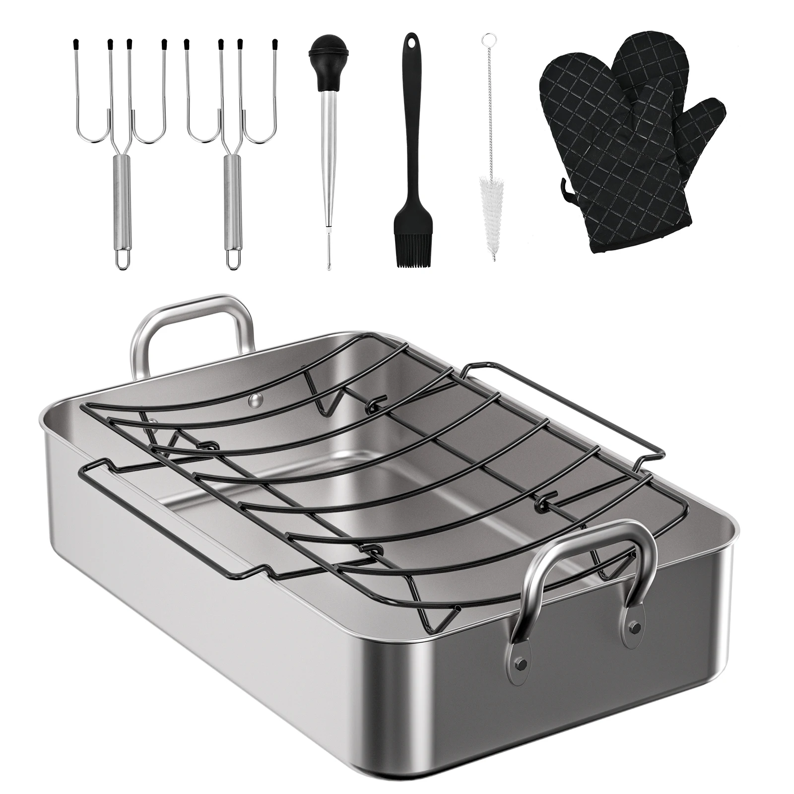 

17x13 Inch Turkey Roasting Pan Bake w/Nonstick Rack 44x32cm Rectangular Turkey Roaster Anti-scald Handle Bakeware Set