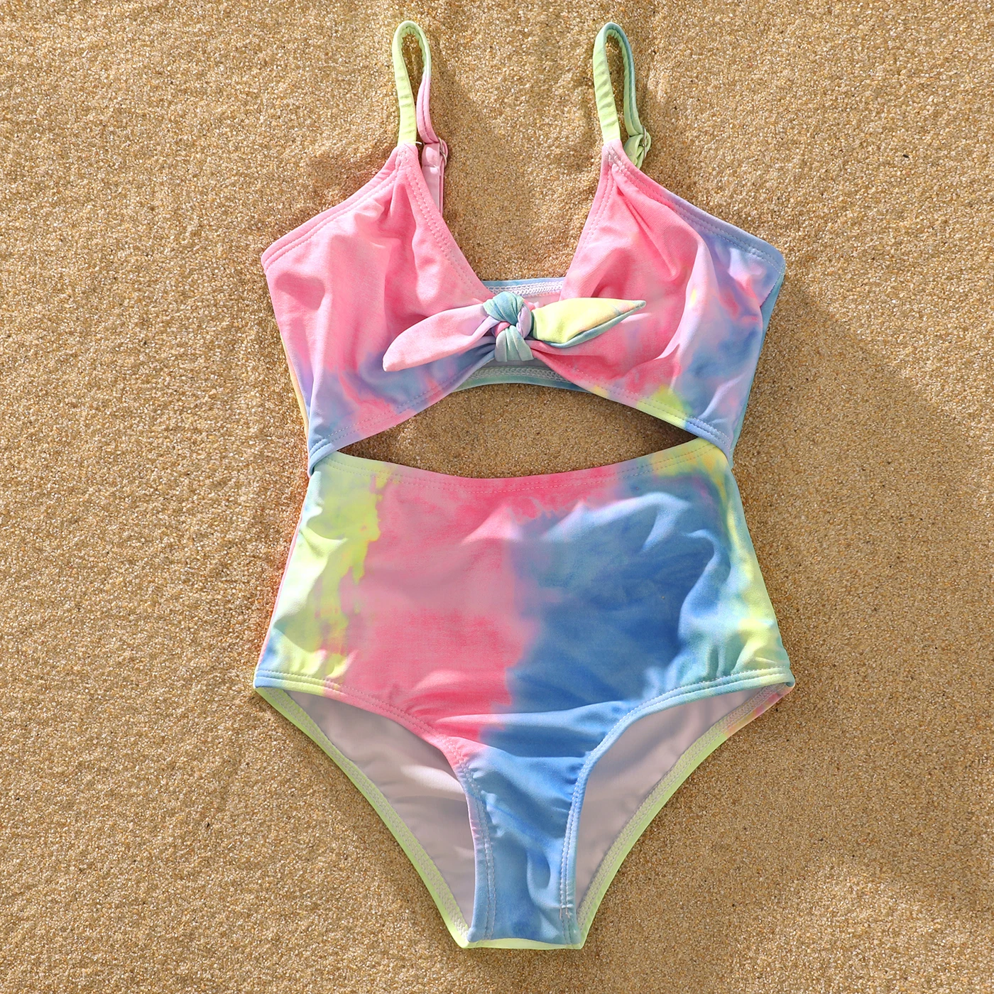 PatPat Family Matching Swimsuits Tie Dye V Neck Self-tie Hollow Out Spaghetti Strap One-Piece Swimsuit and Swim Trunks Shorts