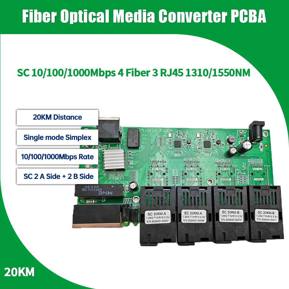 1.25G 20KM Ethernet Fiber Switch 4 Fiber Ports 3 RJ45 Ports 1000MBPS 4 SC 3 Lan Fiber Optic media converter PCBA Board