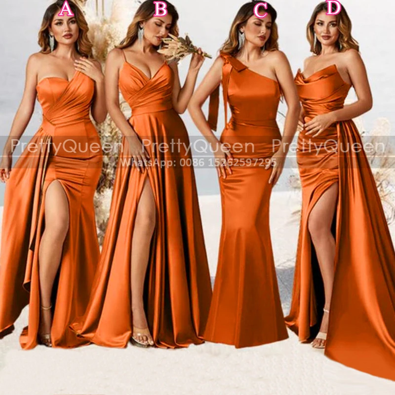 

Sheath Side Split Bridesmaid Dresses Customized Mermaid One Shoulder Waistline Cap Orange Sexy Women Long Wedding Party Dress