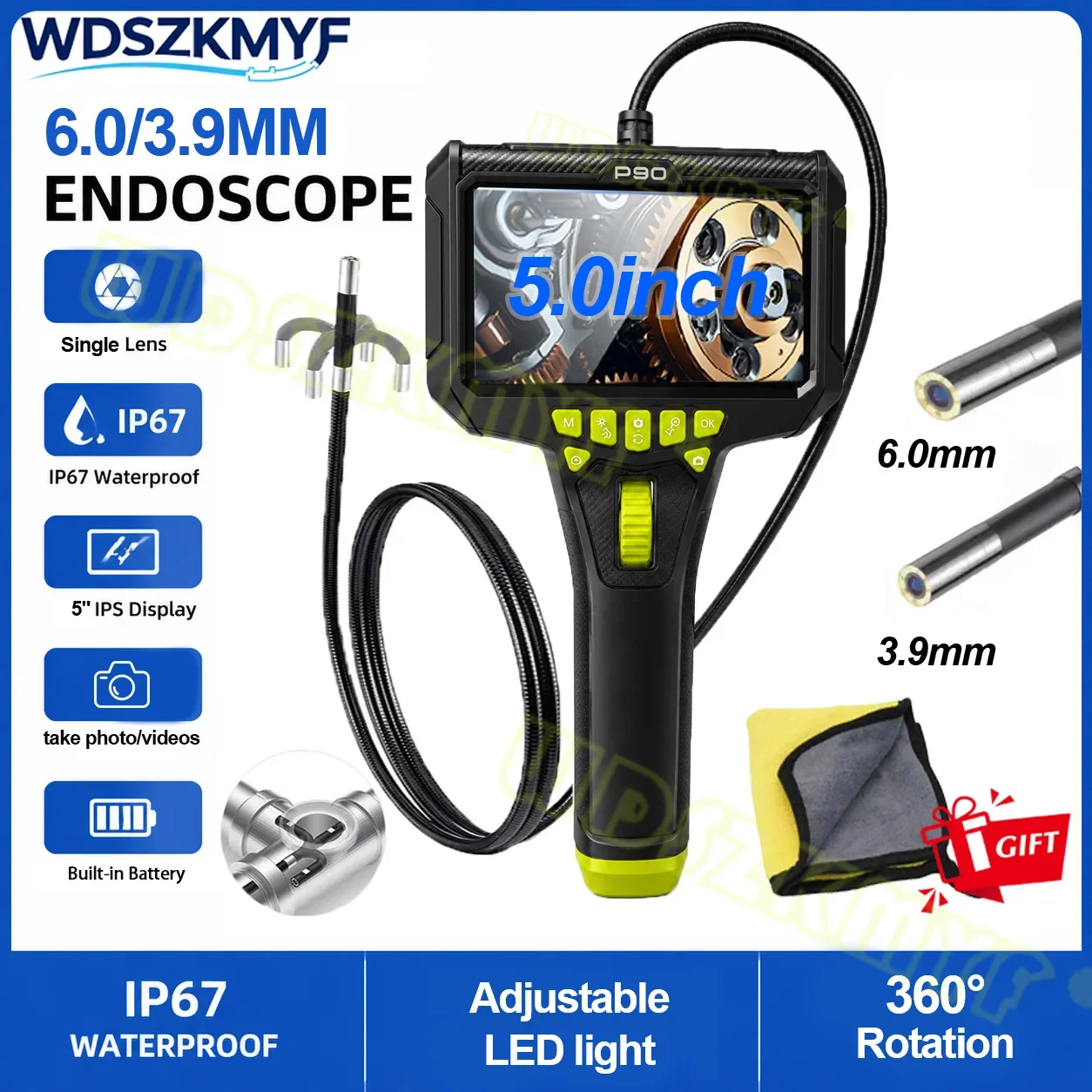 3.9mm/6.0mm Lens Borescope 360° Rotatable 1080P 5