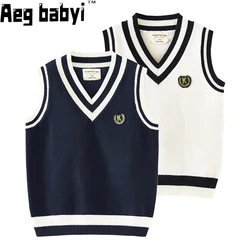 Autumn Spring Adolescent Casual Kids Boys Girls Outerwear Sweater Vest V Neck Sleeveless Pullover Knit School Sweater Waistcoat