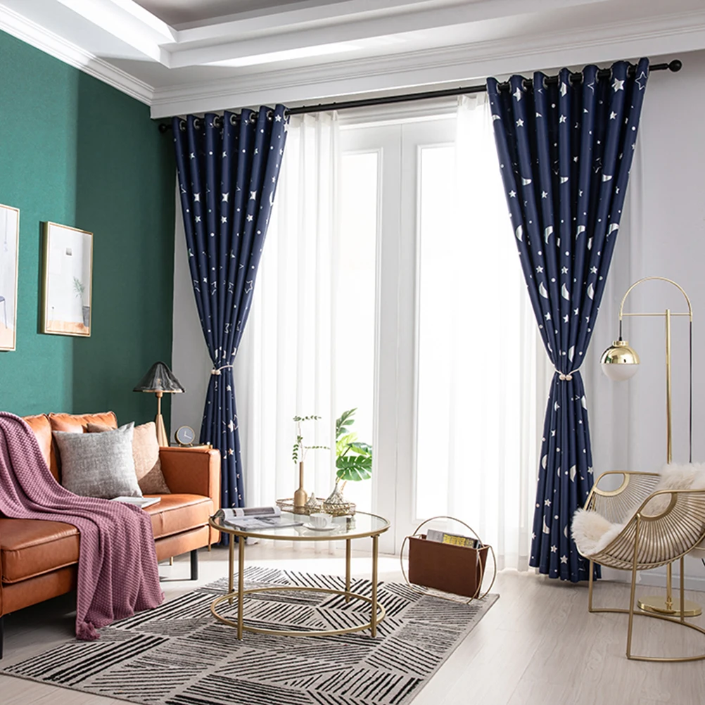 

Blackout Curtains Silver Stars Moon Printing Heat Insulation Simple Child Window Thermal Privacy Decorative Punching Bedroom