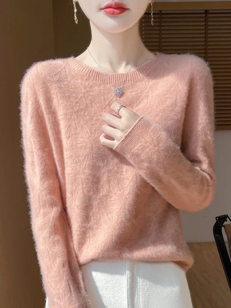 

Women's 100% Merino Wool Sweater Pullover Hollow Out O-neck Cashmere Autumn Winter Long Sleeve Solid Grace Seamless Clothing Top