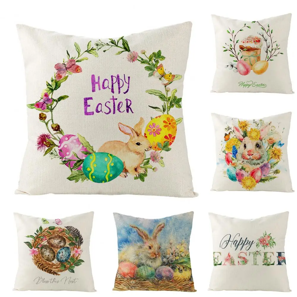 Pillow Slipcover Popular Flax Cushion Case Decorative Easter Bunny Printed Pillow Cover for Office