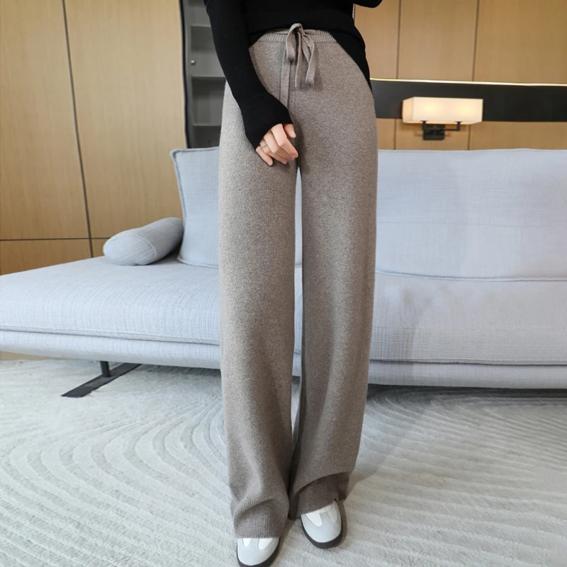 Autumn and winter women\'s 100% wool knitted wide leg pants with high waist and loose wool fashionable hot selling women\'s pants