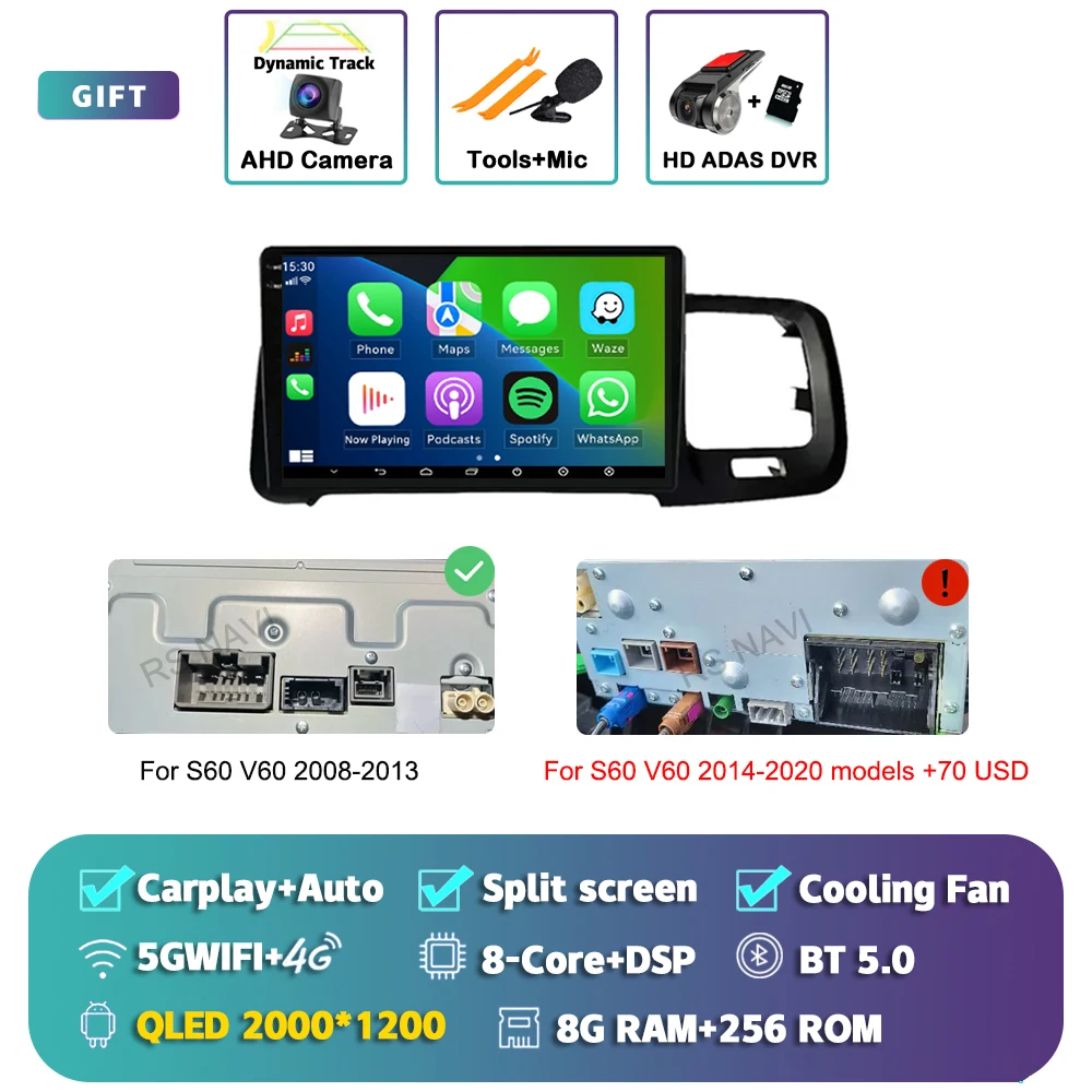 Android 15 Carplay Auto Scherm Autoradio Multimedia Speler voor Volvo S60 V60 2011-2013 2014-2020 2din Autoradio Stereo Head Unit - afbeelding 1