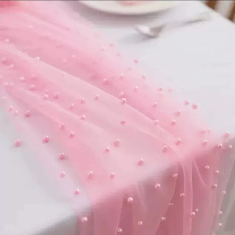 Pearl Tulle Table Runner, White Mesh Gauze With Pearls, Wedding Party Decoration Home Banquet, Centerpiece Tablecloth