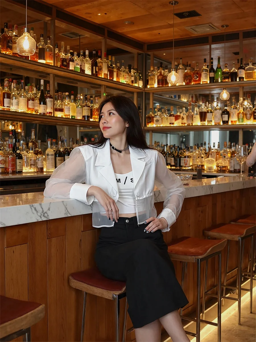 سترات شفافة شفافة مقاومة للشمس للنساء مع تصميمات ملابس نسائية شتوية على الطراز الكوري أنيقة واحدة الصدر OL