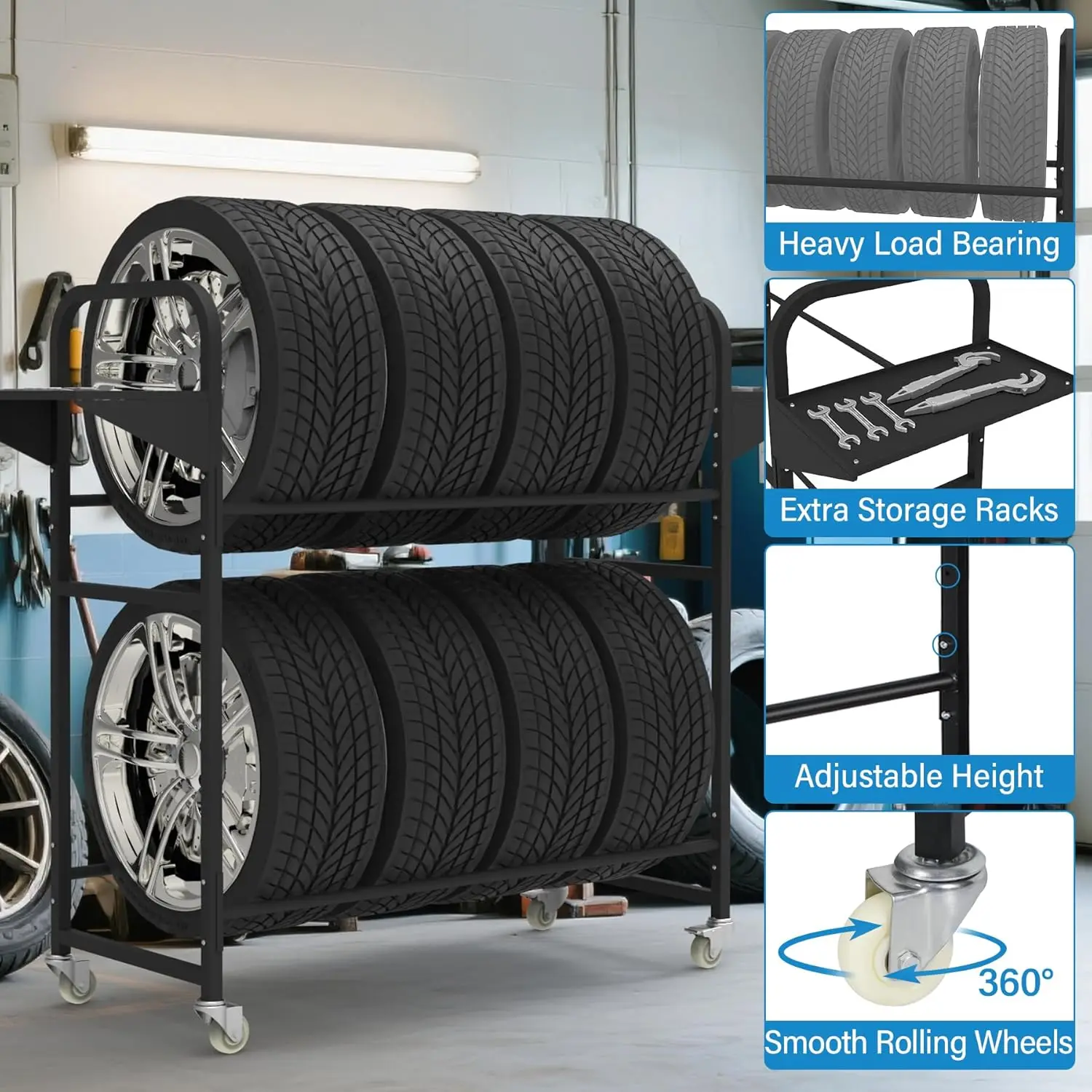 Adjustable Rolling Tire Storage Rack with Dust Cover, 4 Casters & Shelves for Garage Organization
