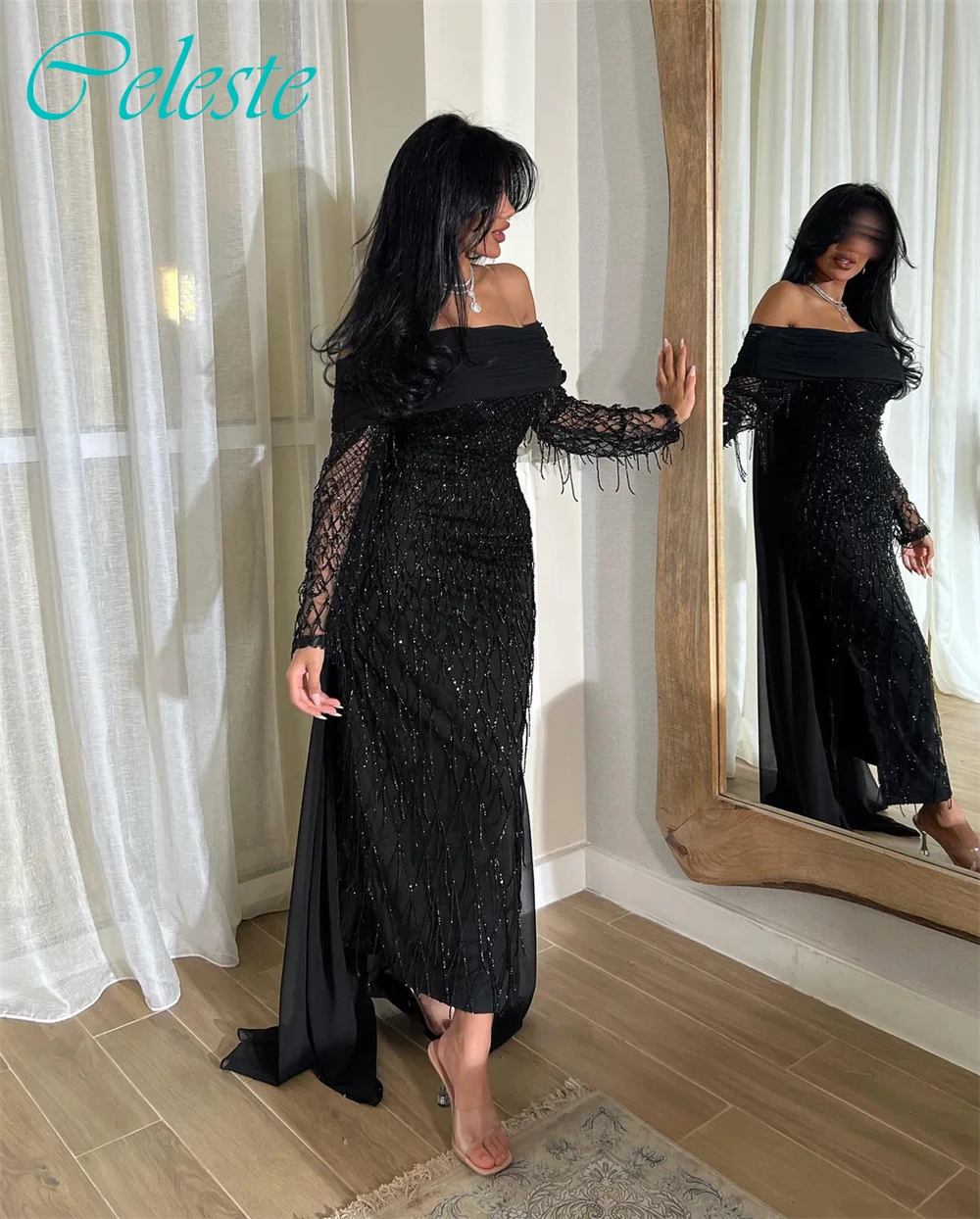 Personalizado em linha reta barco pescoço boné manga mangas compridas elegante vestido de noite delicado sob medida ocasião vestidos moda vestido de festa