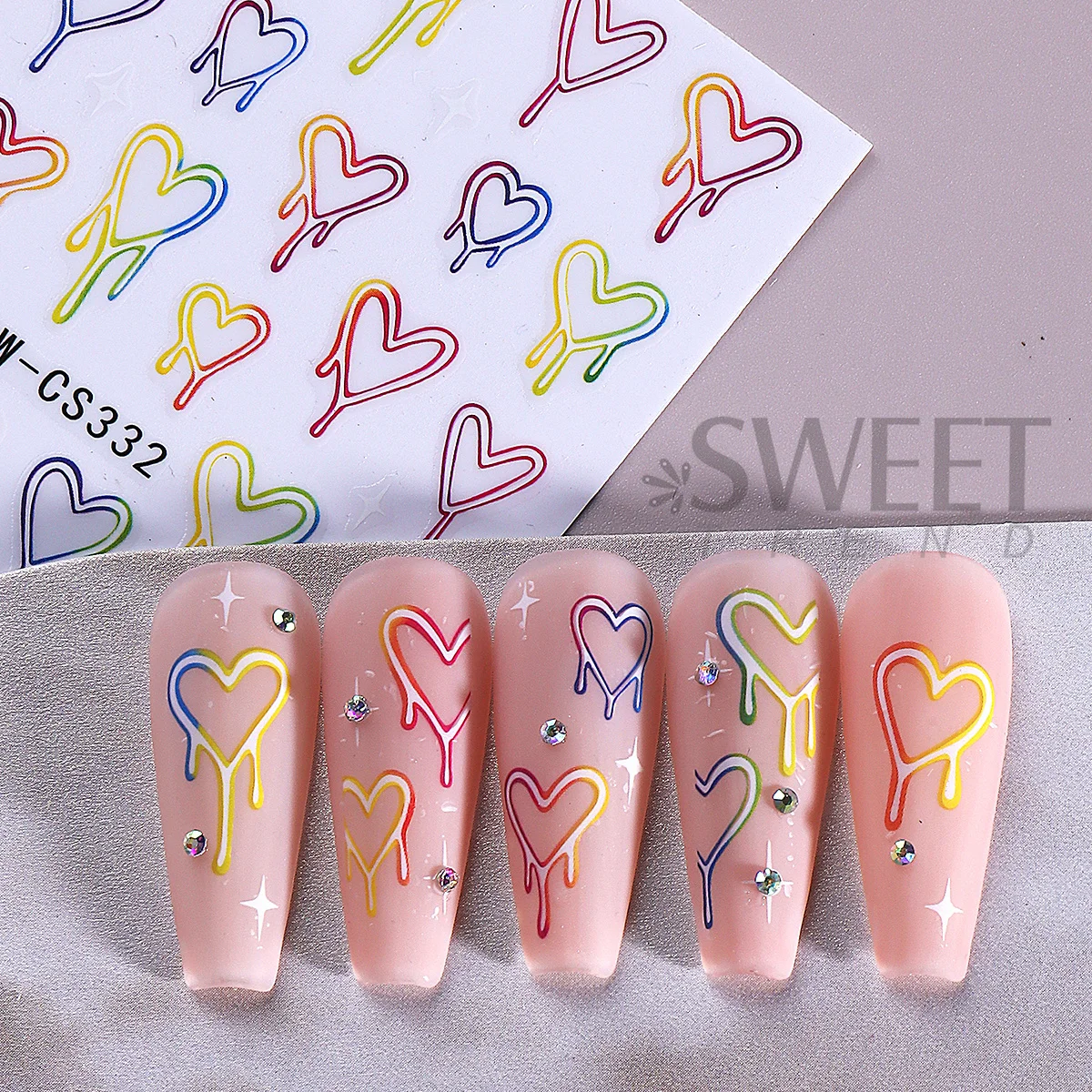 3 قطعة ملصقات أظافر على شكل قلب نيون ملونة جرافيتي قوس قزح تصميم خط تجريدي Y2K نمط عيد الحب لامع ملصق مانيكير إكسسوار #4