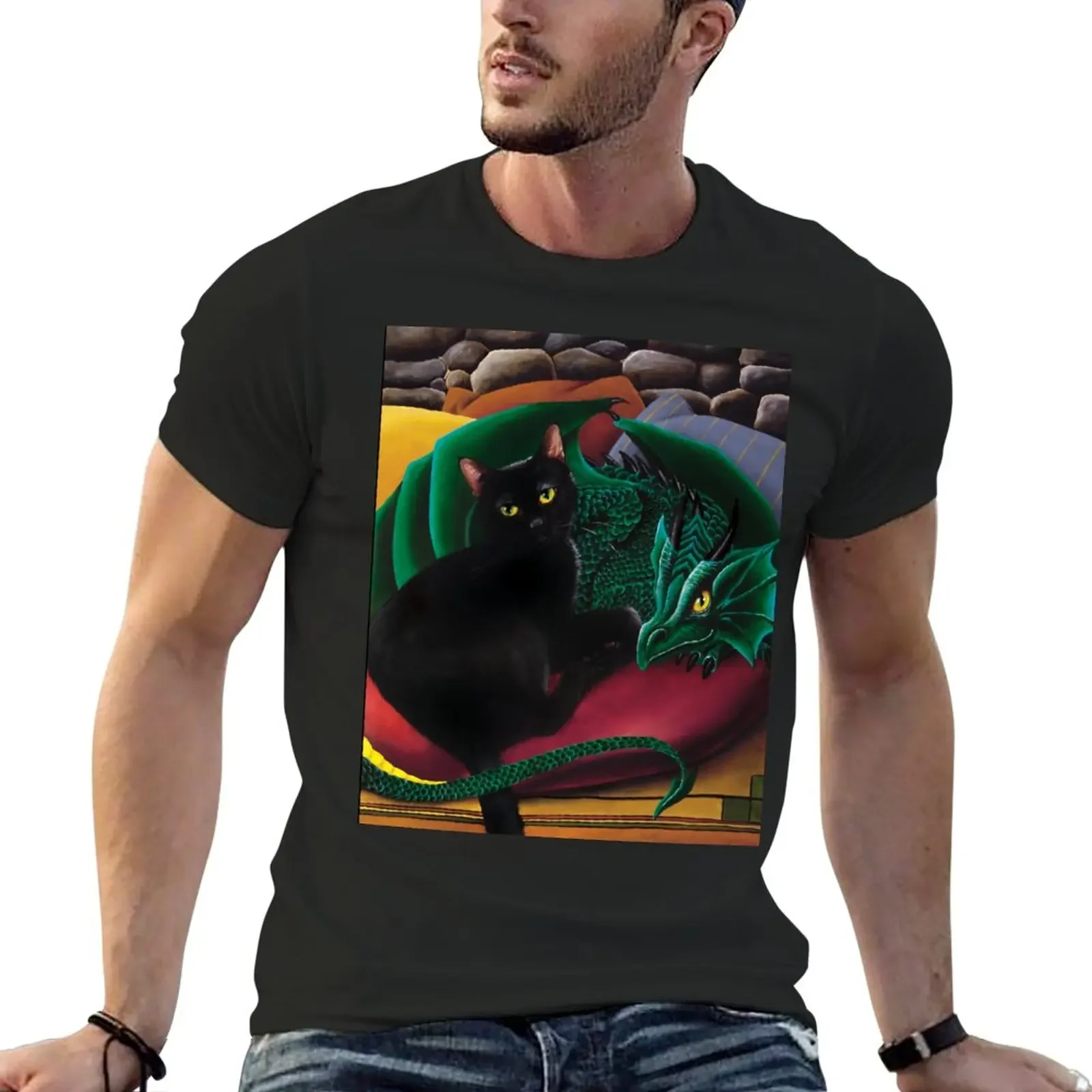 

New Black Cat and Dragon T-Shirt heavyweight t shirts oversized t shirt hippie clothes summer tops mens funny t shirts
