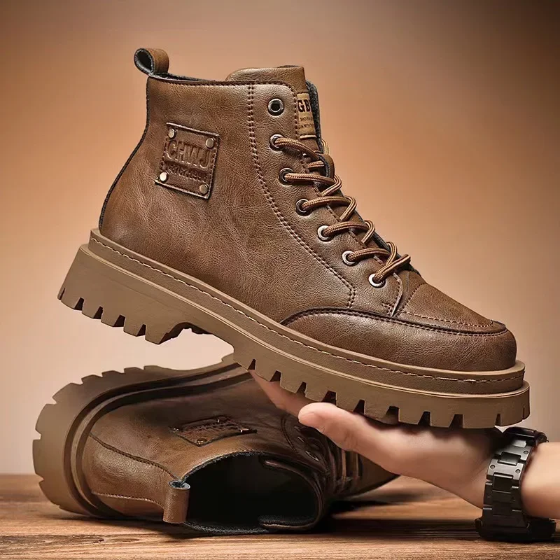 Men's Motorcycle Boots Fashion High-top Casual Boot British Style Leather Short Boots for Men Lace-Up Platform Boot