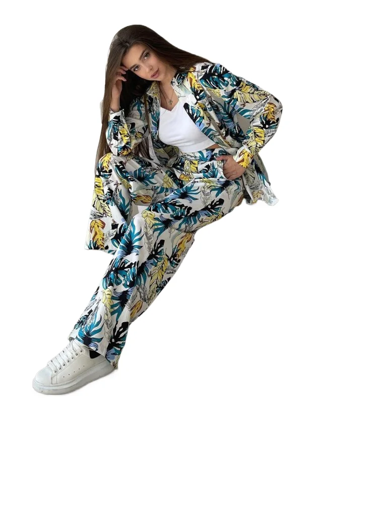 

New Printed Pant Sets For Women Fashion Long Sleeve Top Casual Shirt High Waisted Wide Leg Pants Two Piece Set Commuting Outfits