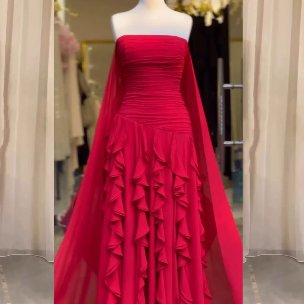 

Customized Matching Chiffon Ruched Pleat A-line Strapless Long Dresses Bespoke Occasion Evening Chinese Style