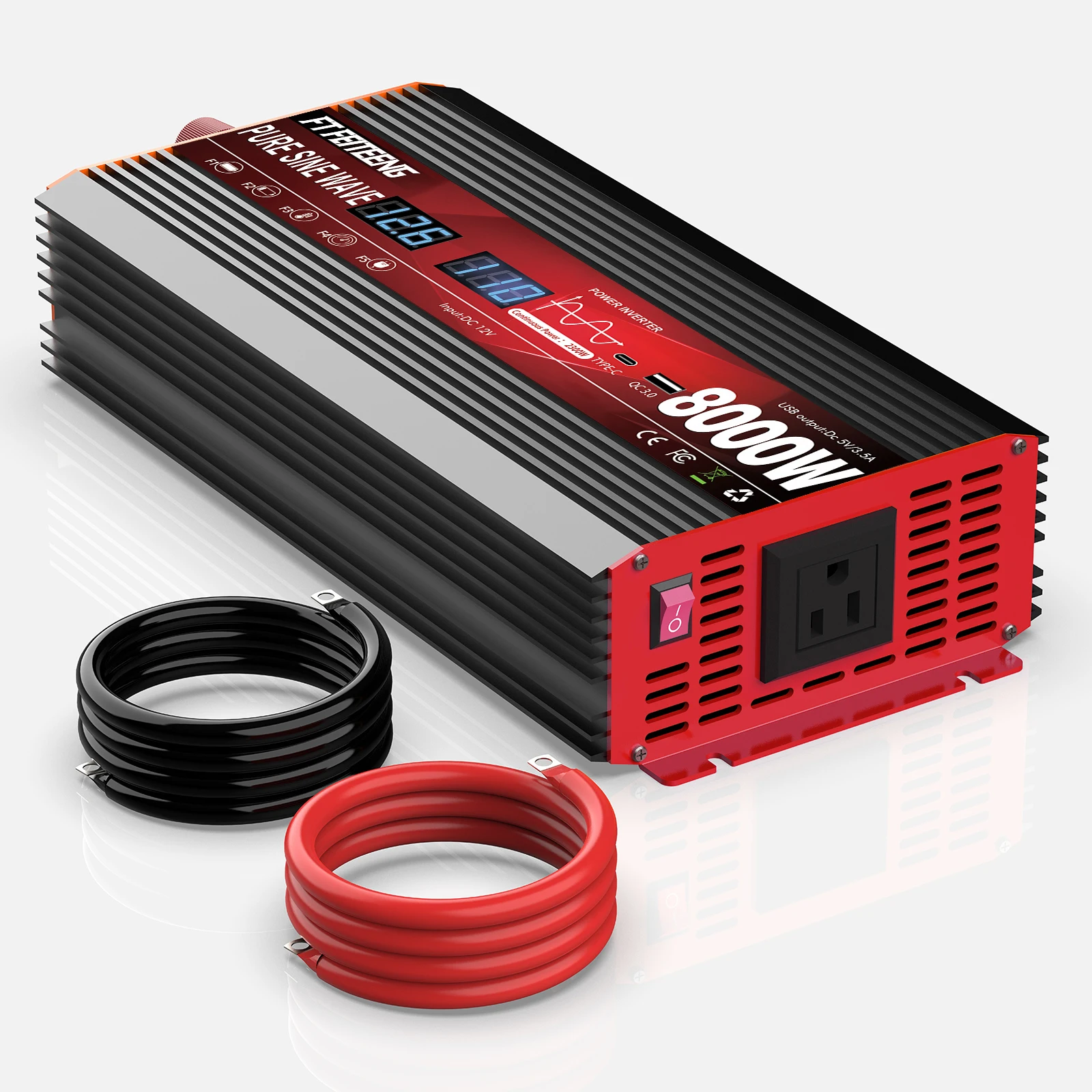 12V to 110V AC Pure Sine Wave Inverter, 8000W Peak Power, 2300W Continuous, Car Accessories, Solar, with LED and American Outlet