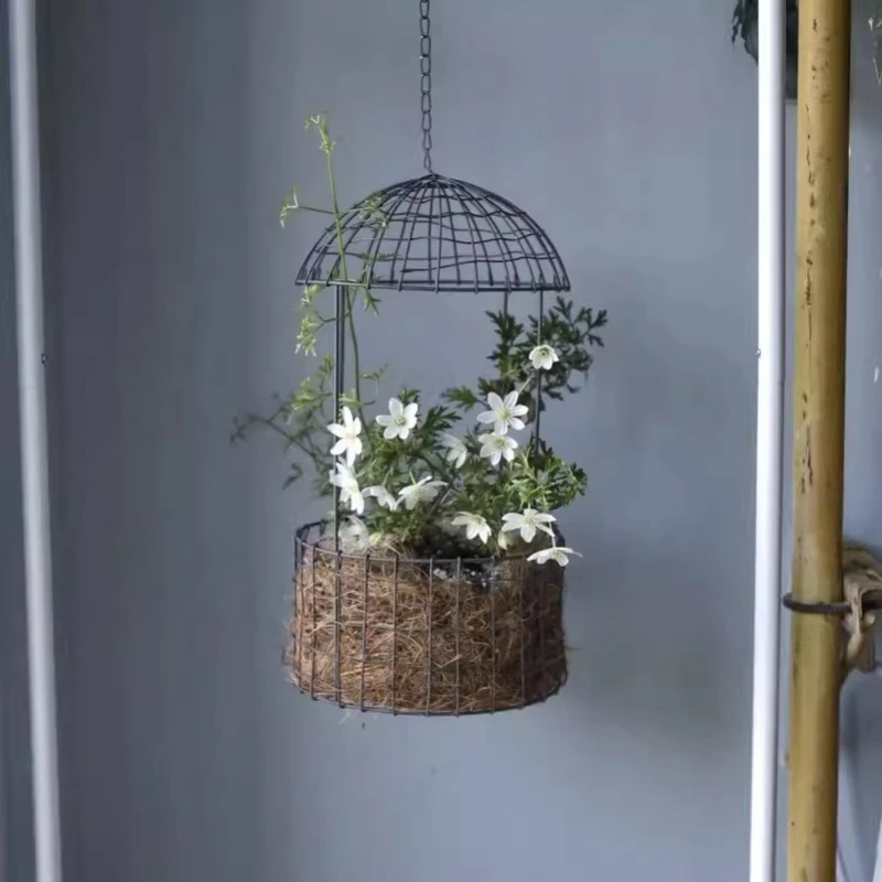 15 Inch Hanging Birdcage Planter – Black Metal Wire Hanging Basket for Flowers, Ideal for Garden, Porch, Patio, or Home Decor