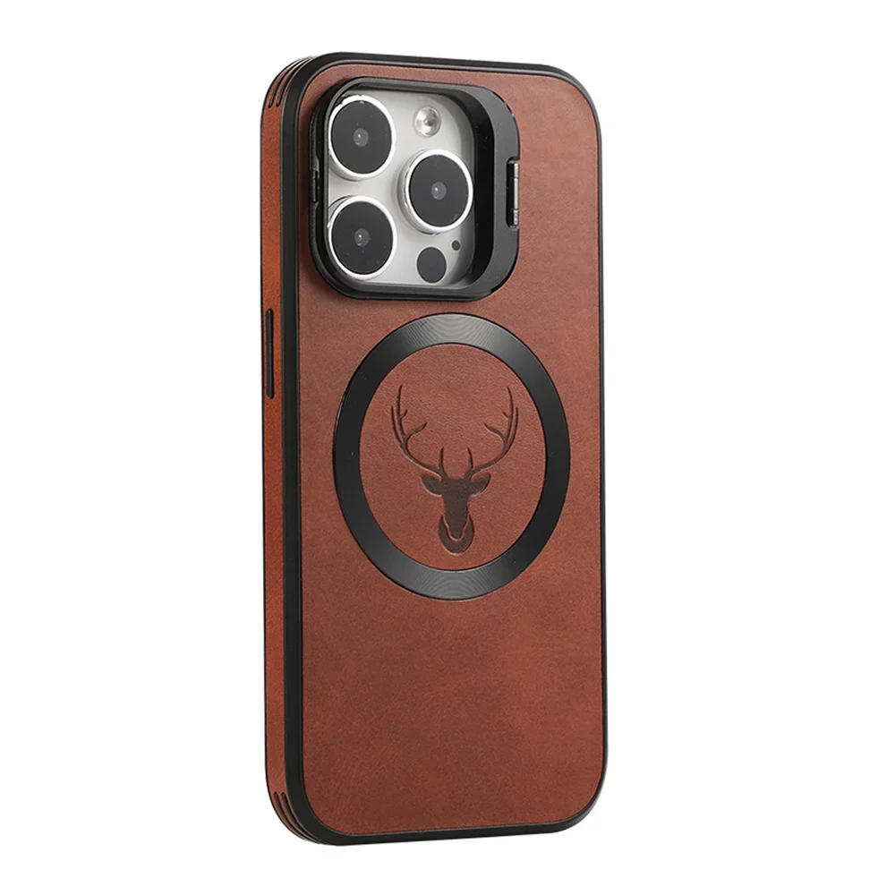 Luxury Leather Elk Deer Head Case For iPhone 15 14 13 12 Pro Max 15 Plus Invisible Lens Stand Bracket for Magsafe Magnetic Cover