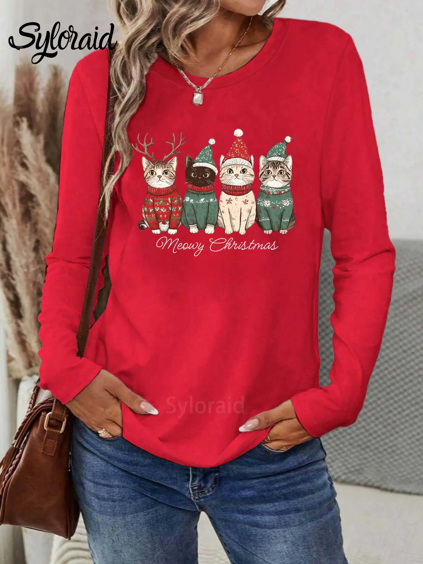 เสื้อยืดแขนยาวผู้หญิงลายแมว Meowy Christmas เสื้อยืดแฟชั่นคอกลมลำลอง