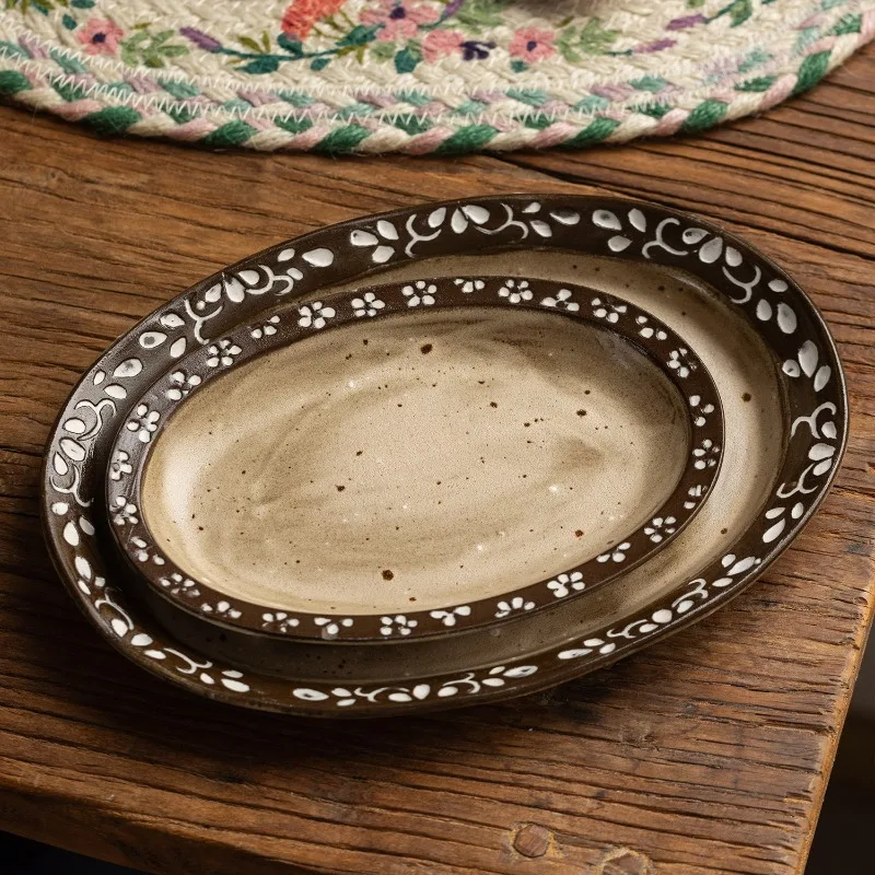 Japanese-Style Vintage Floral Oval Plate, Wabi-Sabi Stoneware Dessert Plate, Underglaze Breakfast Dish, Bone Plate