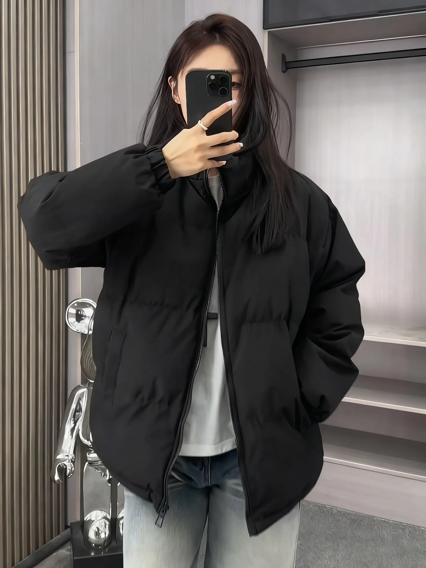 Black Plaid Splicing Thickened Short Style Men's down Cotton Jacket Stand Collar Bread Style Couples Matching Outerwear