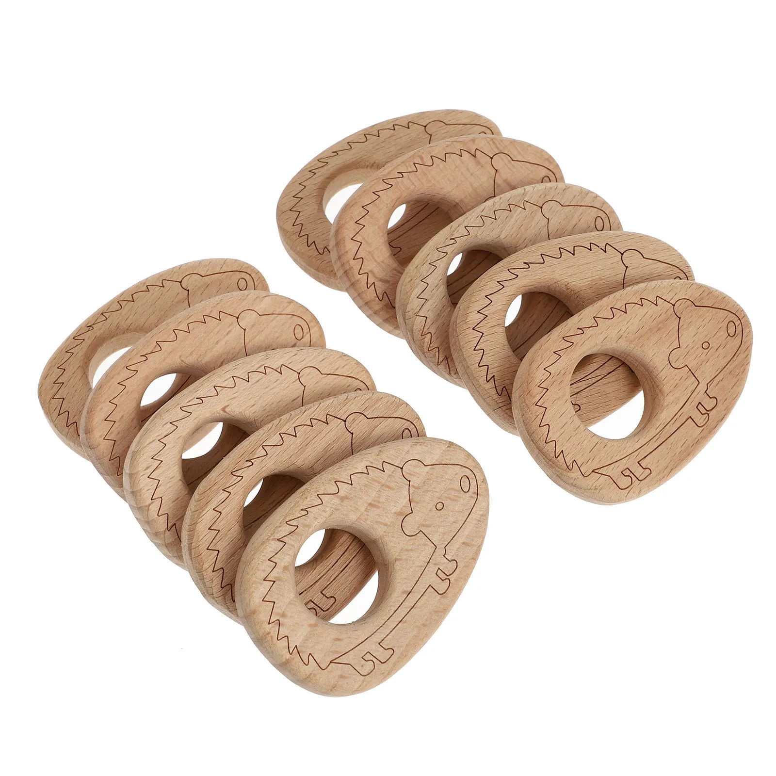 10 Uds. Colgante de madera de haya para bebé, bonito patrón de dibujos animados, mordedor Molar, cadena de chupete, decoración, juguete de haya, juguete de madera para niños