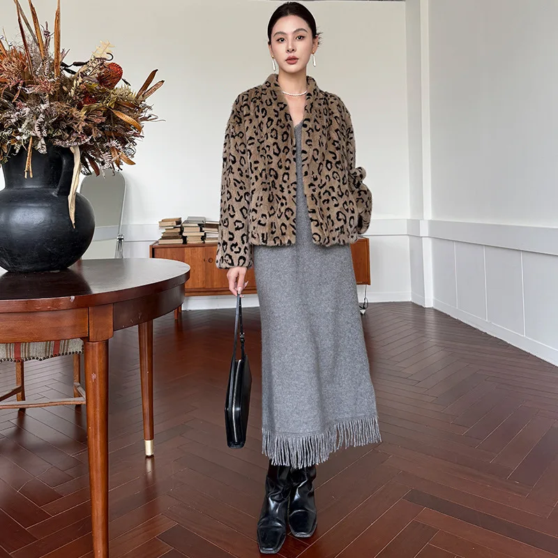 Manteau court en fourrure de vison pour femme, élégant, imprimé léopard, à la mode, polyvalent, nouvelle collection automne hiver, qualité supérieure