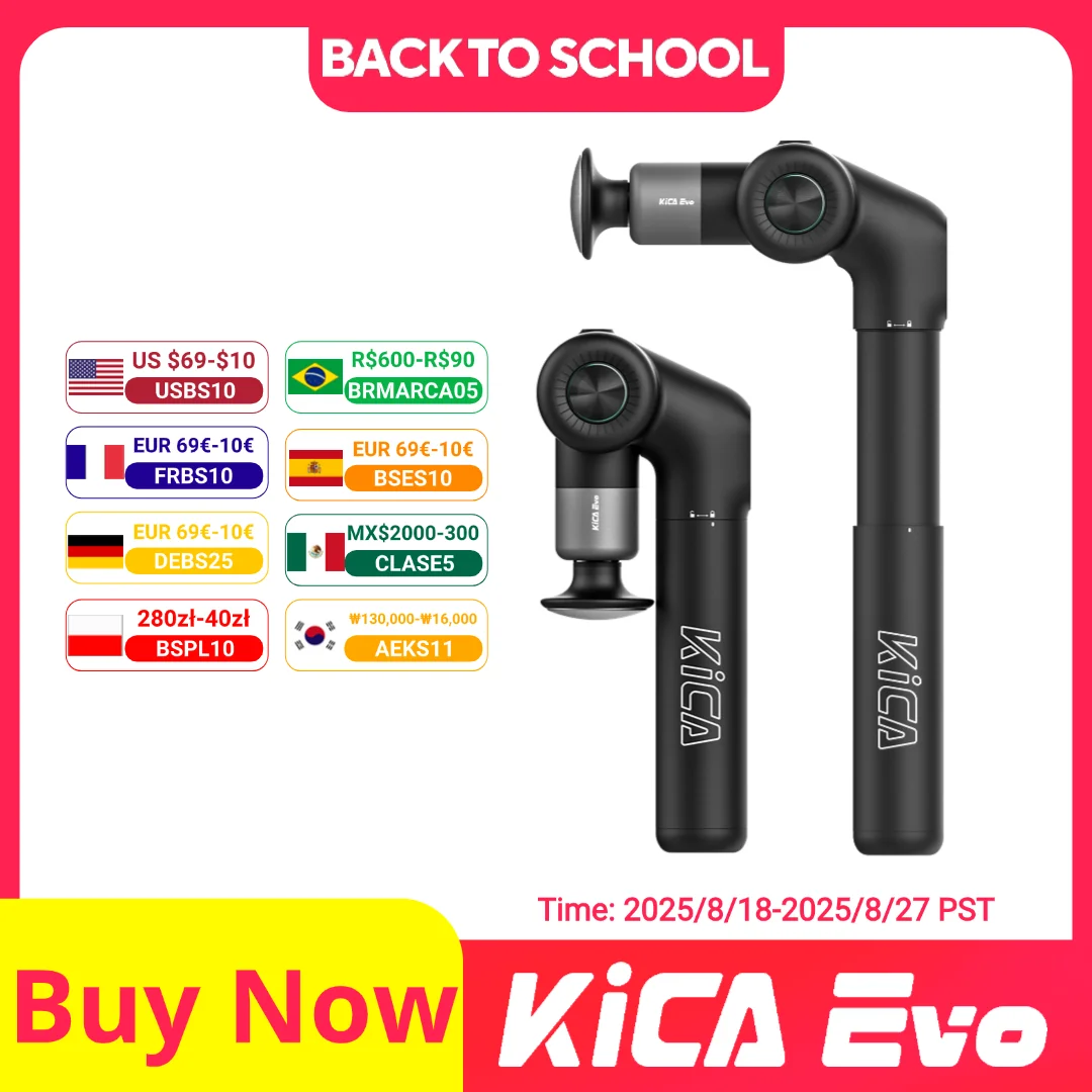 KiCA Evo Fascia Gun Pistola de masaje muscular portátil 15 kg 3 engranajes 3200 rpm con 6 cabezales de masaje Varilla de extensión retráctil de 9 cm Aleación de aluminio