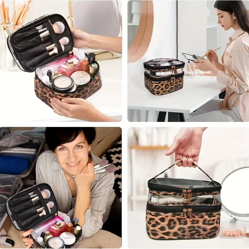 Leopard print PVC Transparent Double-Layer Makeup Bag Large Capacity Waterproof Toiletry Bag Portable Cosmetic Storage Bag