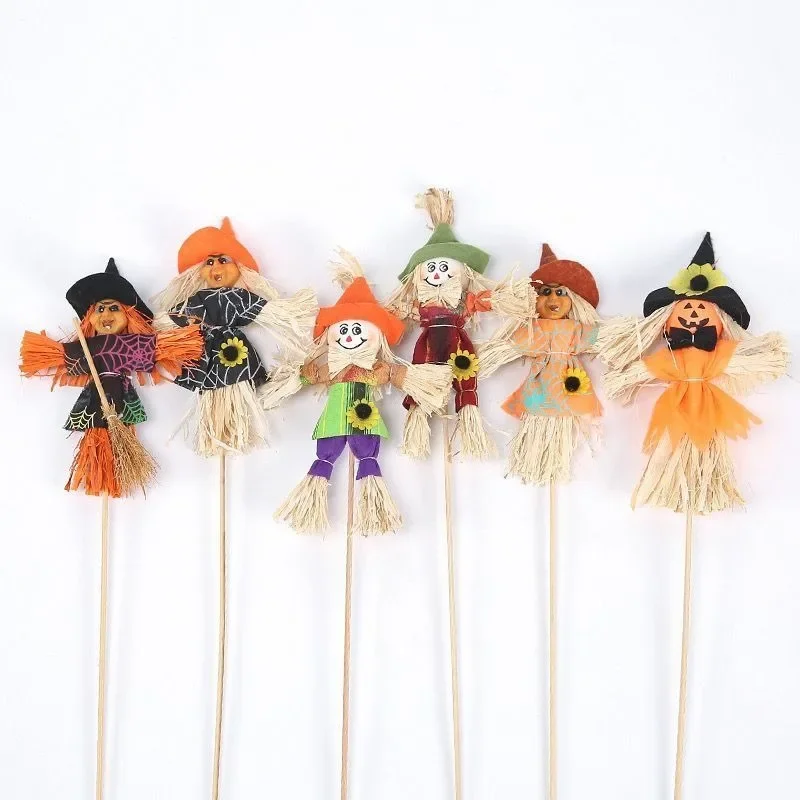Best Halloween Straw Woven Scarecrow Fireplace Broom, Handicraft Handmade Decoration Standing Ornaments Pumpkin Broom Stoves