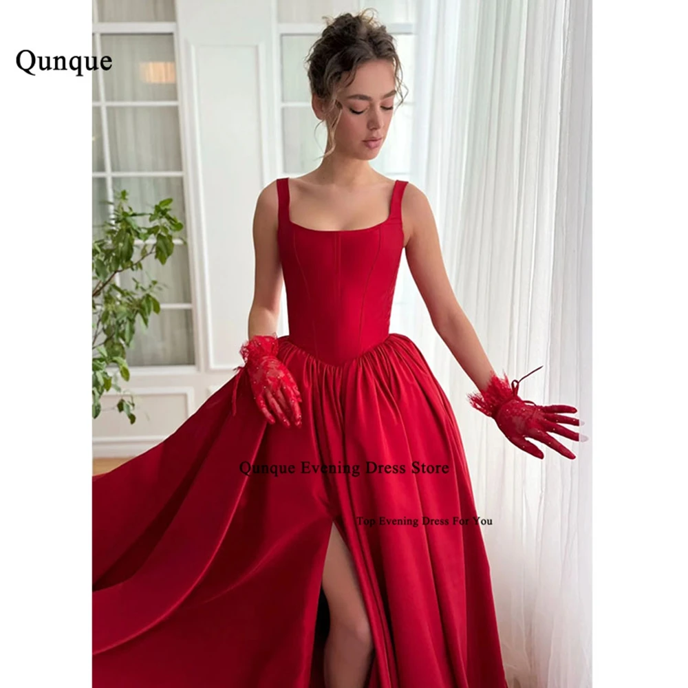 

Qunque Red Evening Dress Slit Simpe Fashion Satin Ruched Prom Gowns Corset Customized Party Dress kleider für besondere anlässe