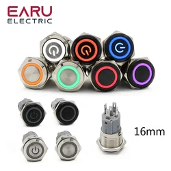 16mm 3-6V 220V Waterproof Metal Push Button Switch LED Light Anodize Oxide Black Momentary Latching Car Engine PC Power Switch